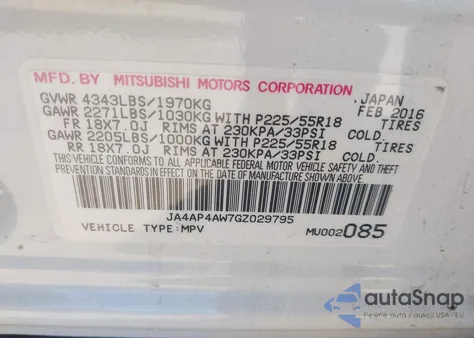 2016 Mitsubishi Outlander Sport 2.4 Sel z USA, uszkodzony, nr VIN JA4AP4AW7GZ029795